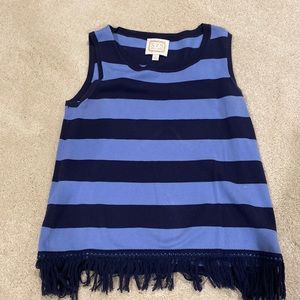 Sail to Sable light blue and navy blue stripe sleeveless top with fringe hem